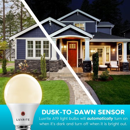 Luxrite A19 LED Light Bulbs Dusk to Dawn 9W (60W Equivalent) 800LM 3000K Soft White E26 Base 2-Pack LR21471-2PK